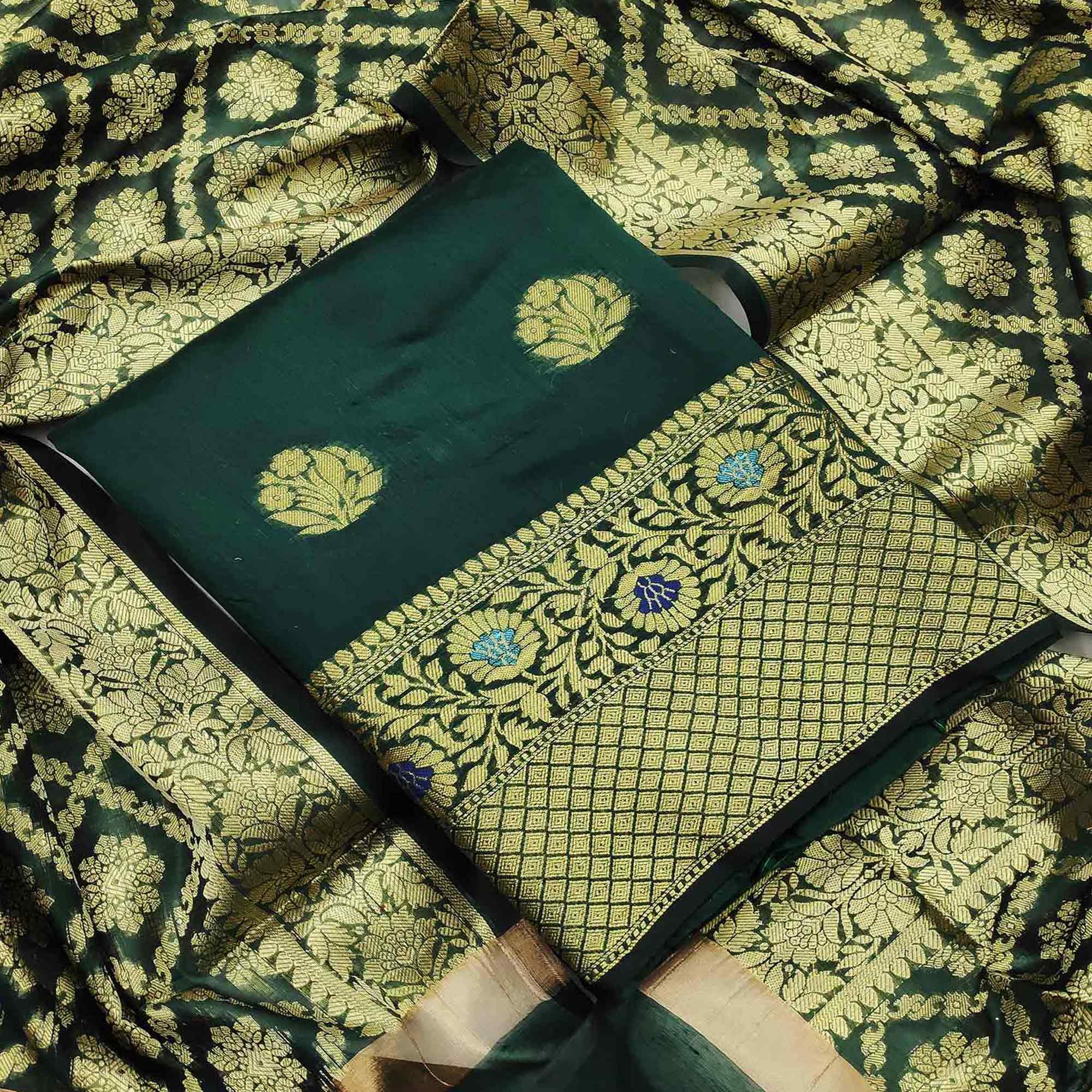 Trendy Green Colored Festive Wear Woven Banarasi Silk Dress Material - Peachmode