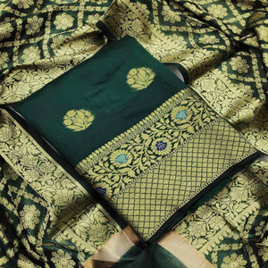 Trendy Green Colored Festive Wear Woven Banarasi Silk Dress Material - Peachmode