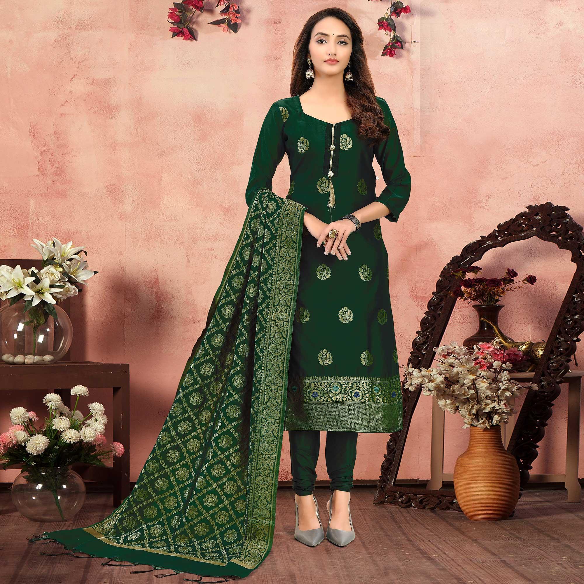 Trendy Green Colored Festive Wear Woven Banarasi Silk Dress Material - Peachmode