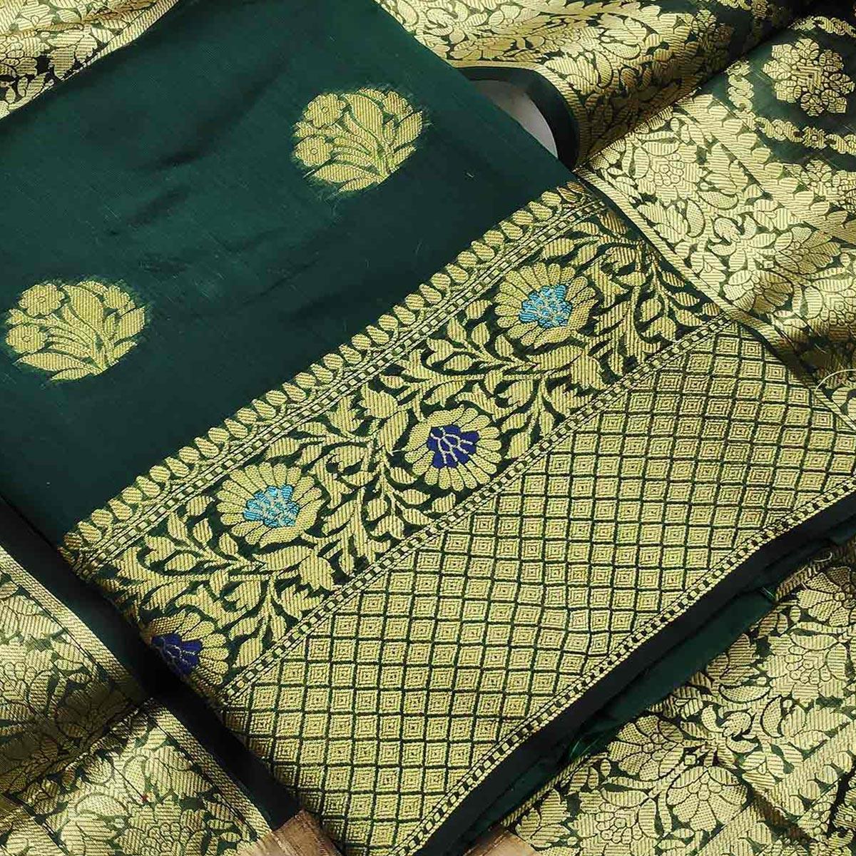 Trendy Green Colored Festive Wear Woven Banarasi Silk Dress Material - Peachmode