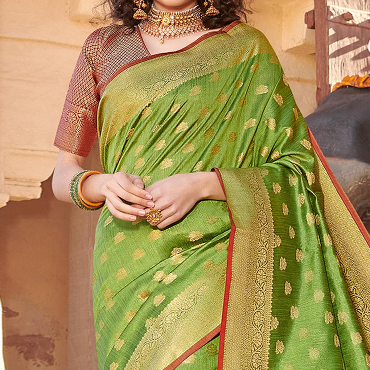 Trendy Green Colored Festive Wear Woven Handloom Silk Saree - Peachmode