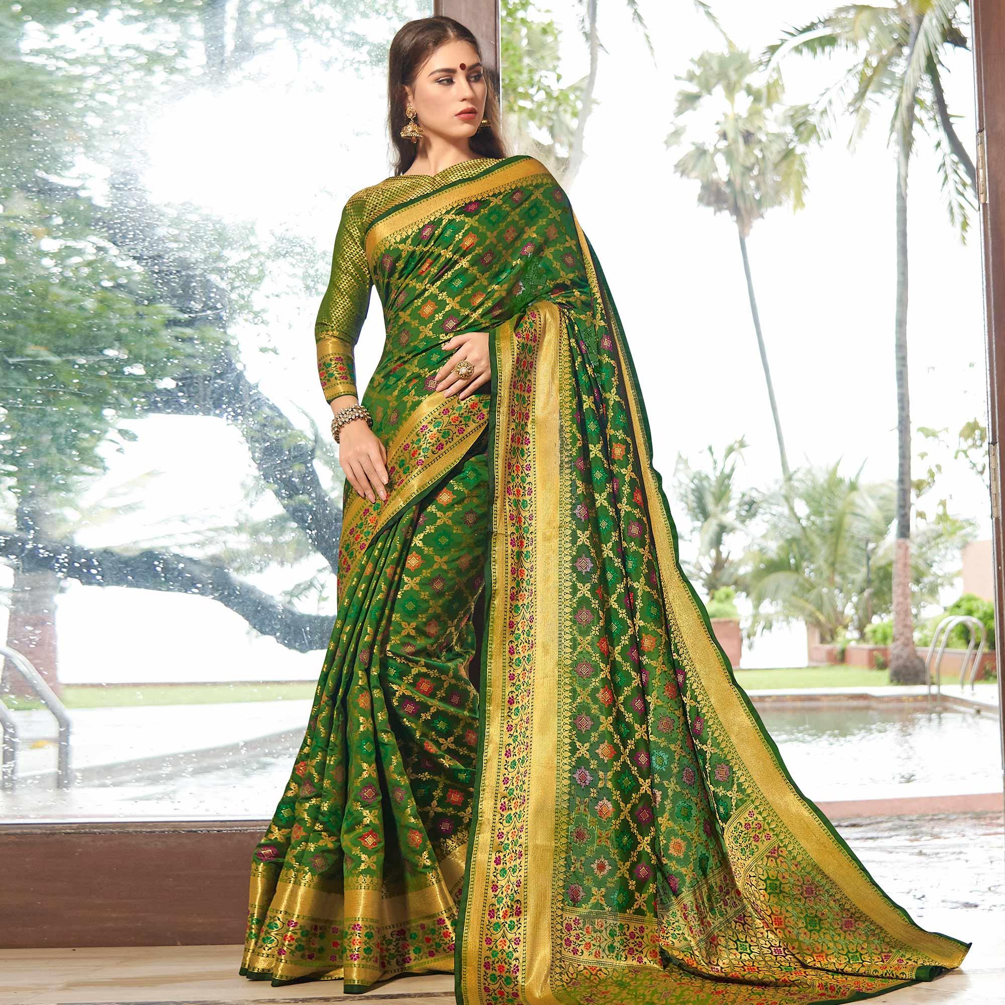 Trendy Green Colored Festive Wear Woven Silk Saree - Peachmode