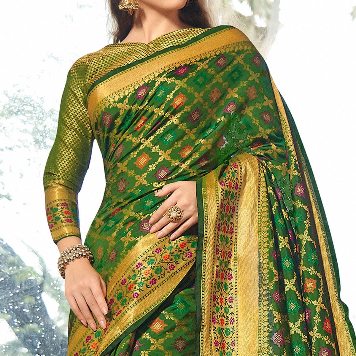 Trendy Green Colored Festive Wear Woven Silk Saree - Peachmode