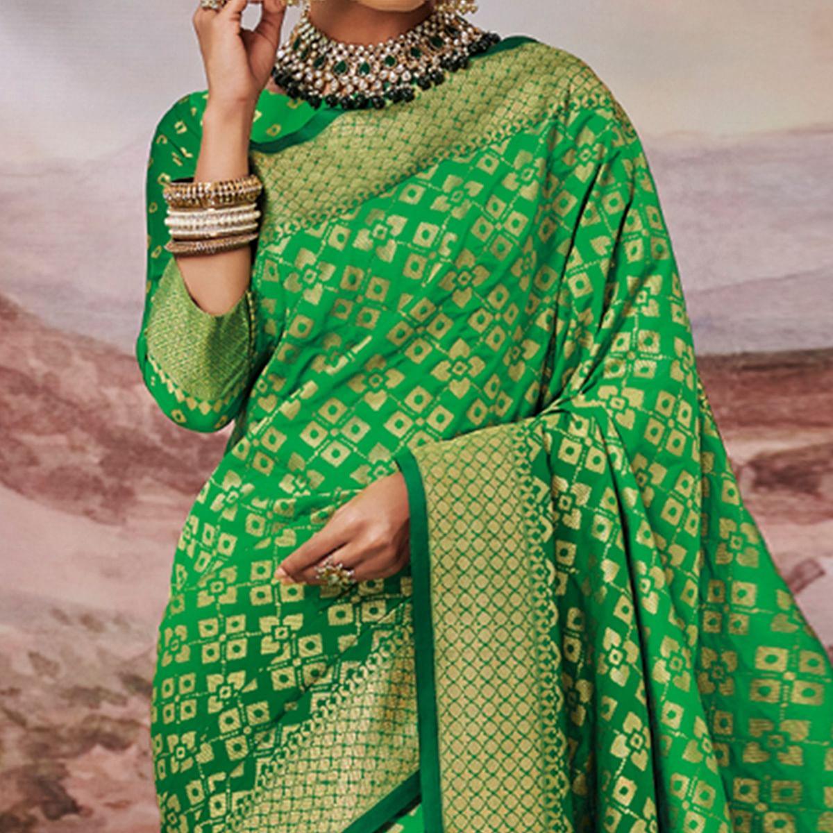 Trendy Green Colored Festive Wear Woven Silk Saree - Peachmode