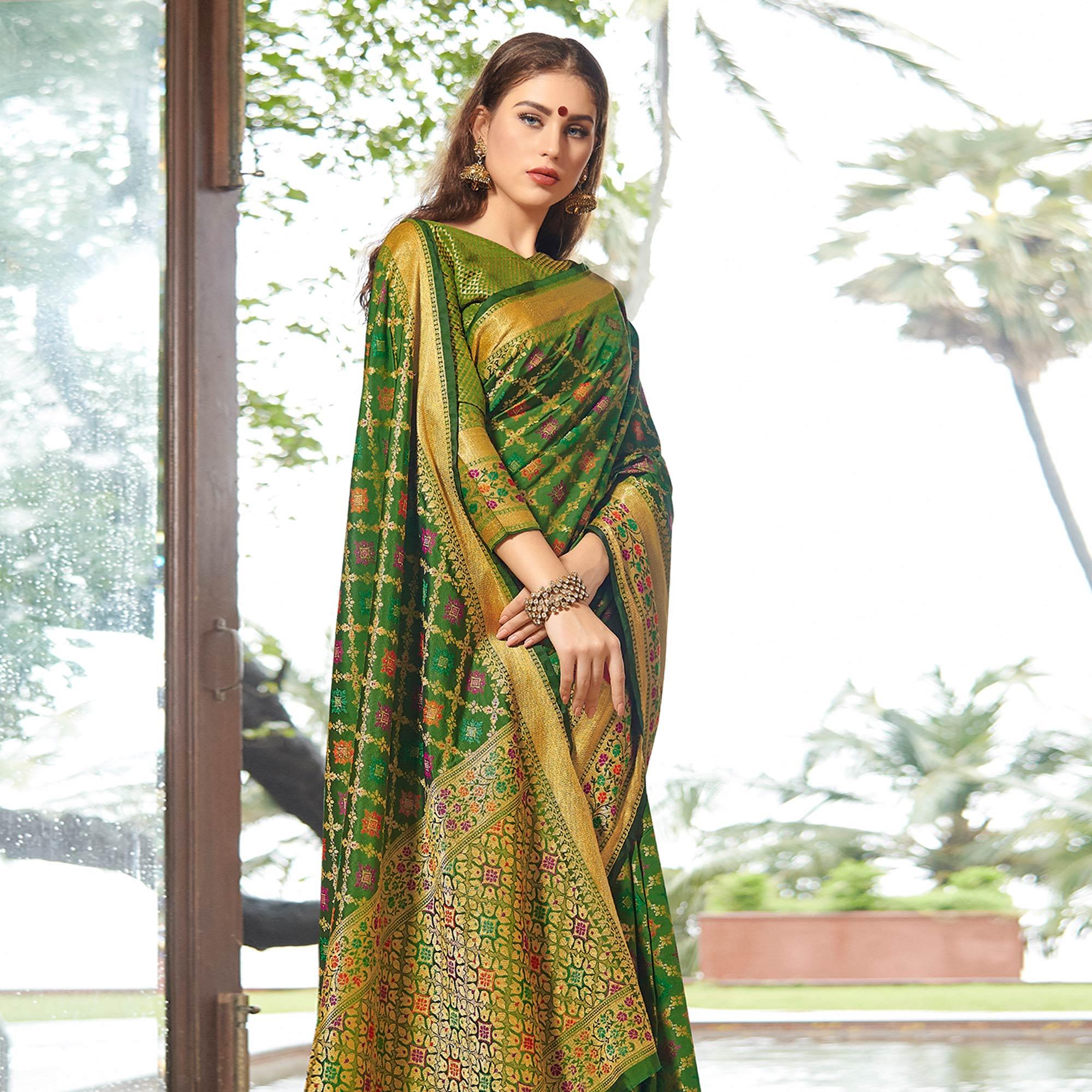 Trendy Green Colored Festive Wear Woven Silk Saree - Peachmode