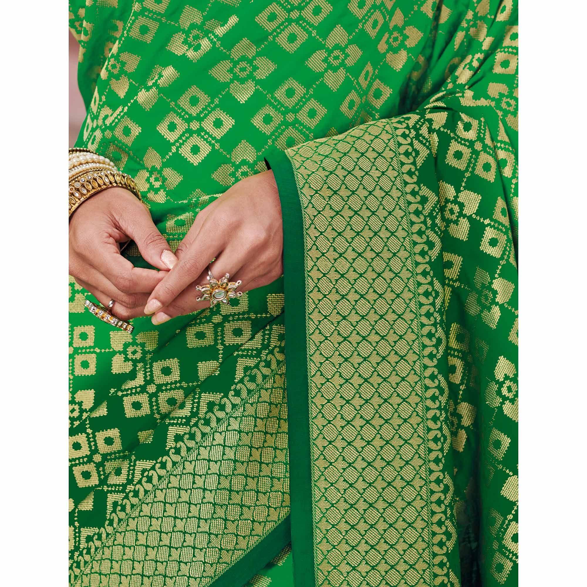 Trendy Green Colored Festive Wear Woven Silk Saree - Peachmode