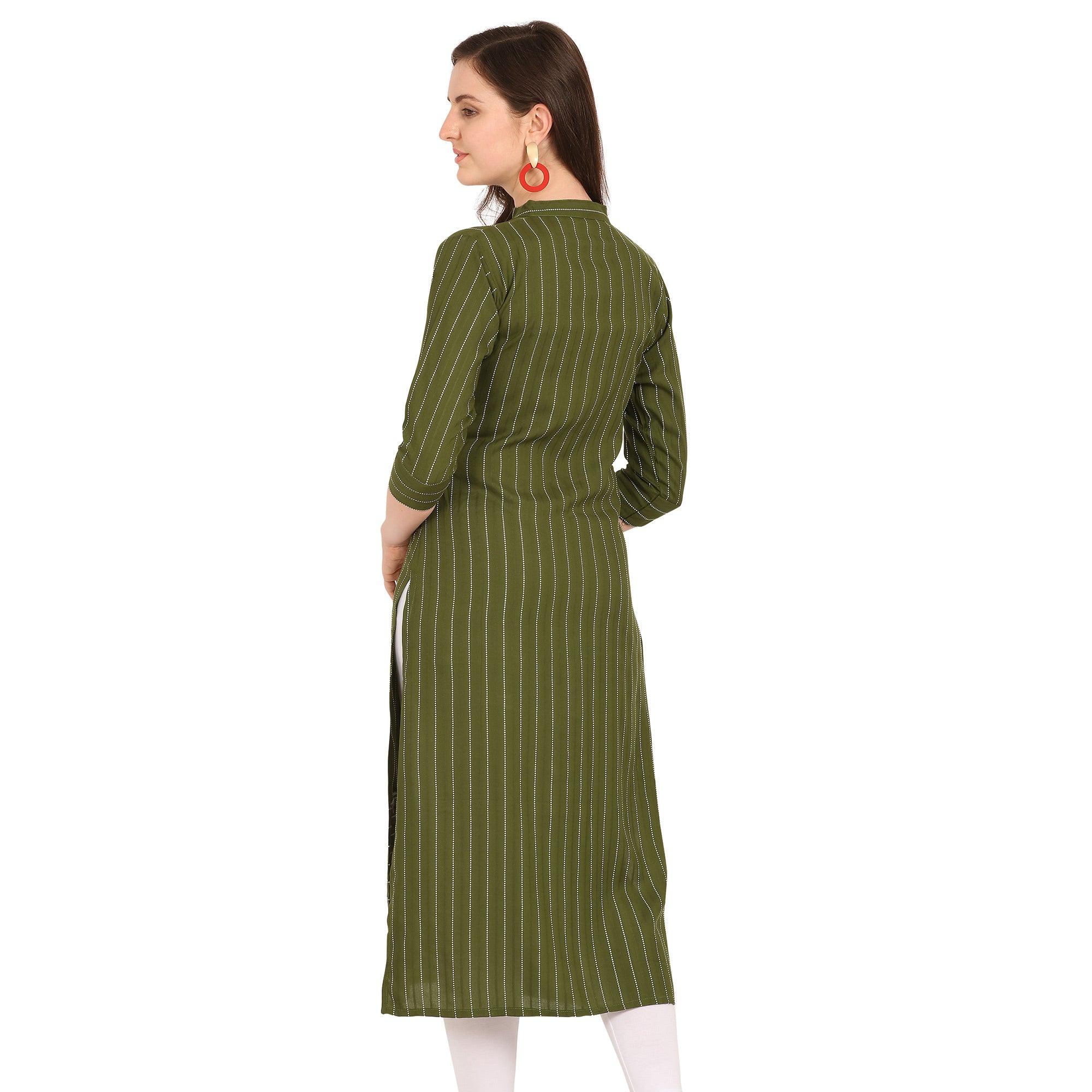 Trendy Green Colored Party Wear Embellished Work Rayon Kurti - Peachmode
