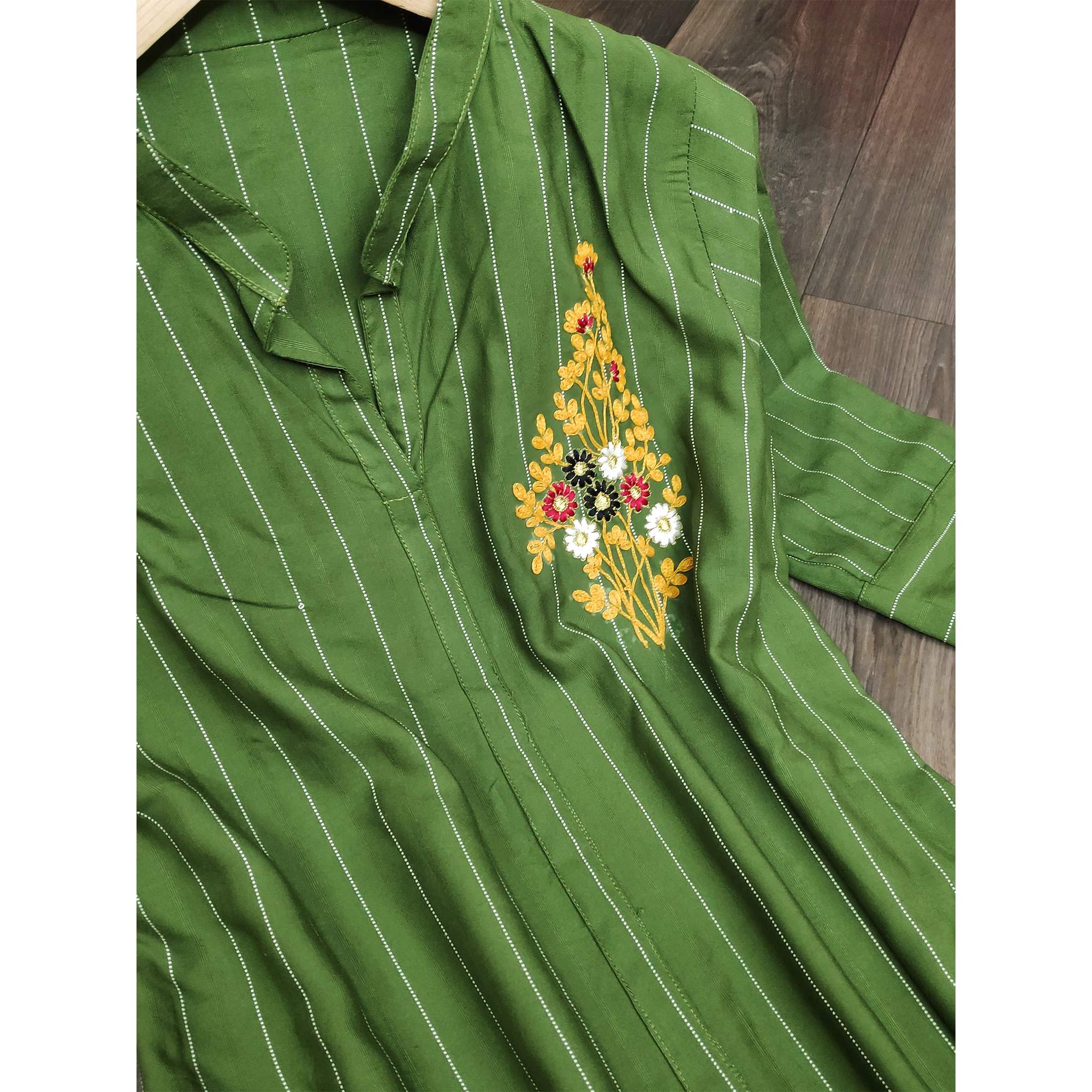 Trendy Green Colored Party Wear Embellished Work Rayon Kurti - Peachmode