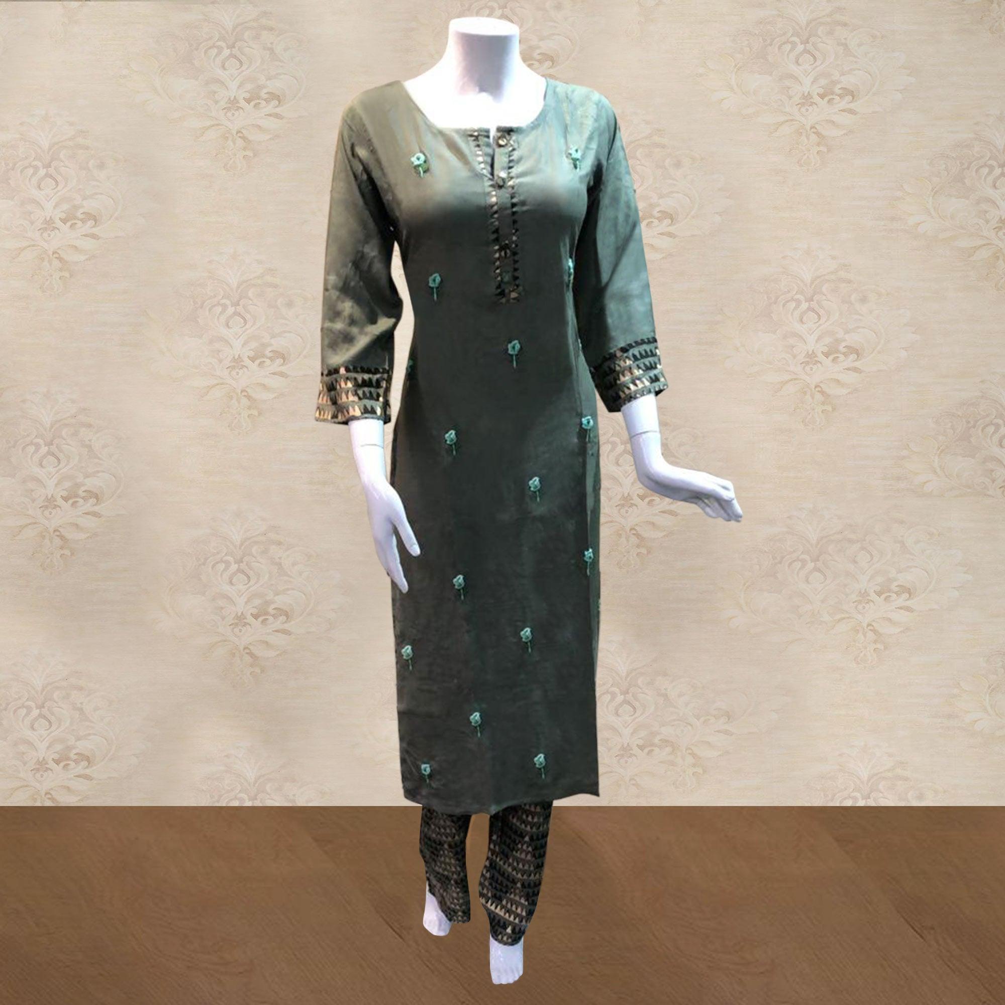 Trendy Green Colored Partywear Embroidered Cotton Kurti-Palazzo Set - Peachmode