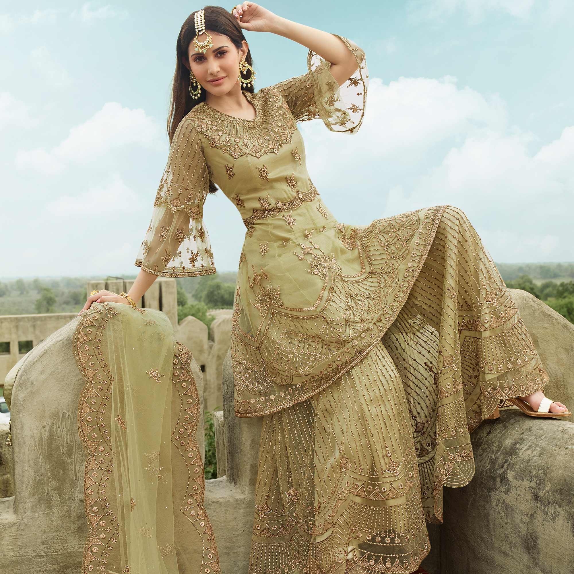 Trendy Green Coloured Partywear Embroidered Net Palazzo Suit - Peachmode