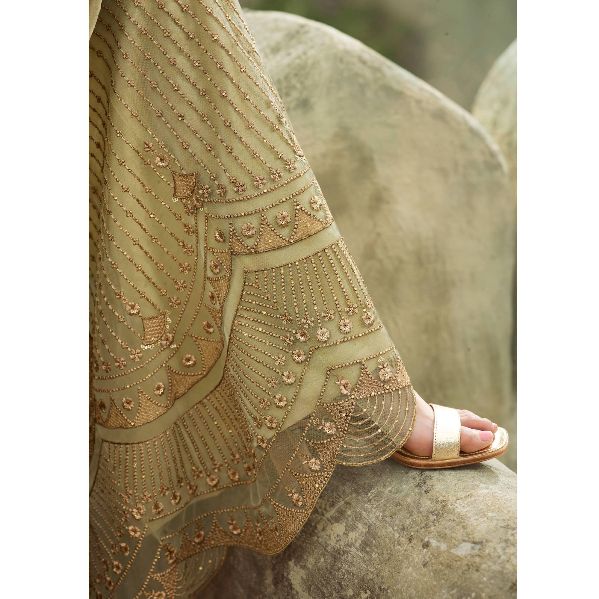 Trendy Green Coloured Partywear Embroidered Net Palazzo Suit - Peachmode