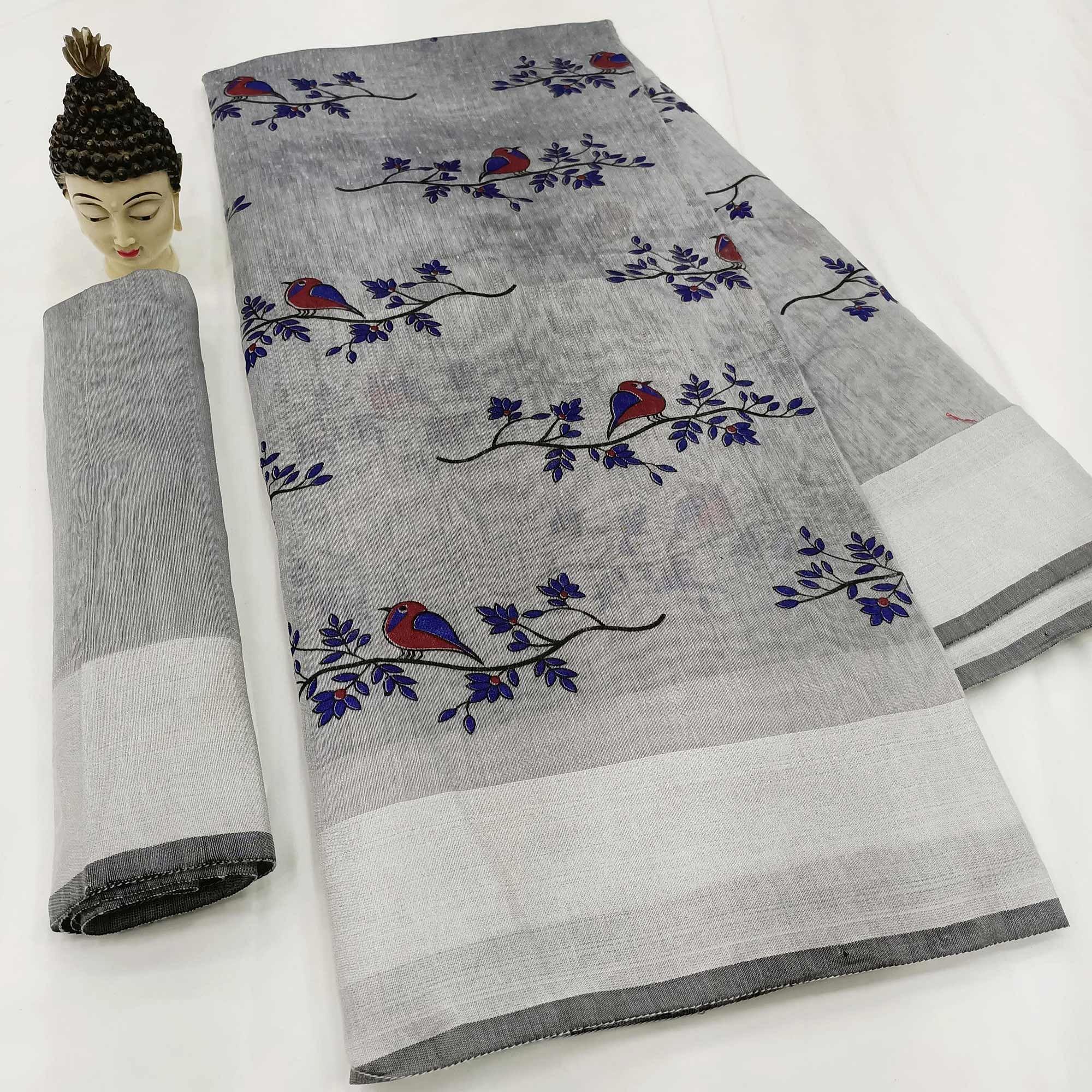 Trendy Grey Colored Casual Wear Block Printed Cotton Linen Saree - Peachmode
