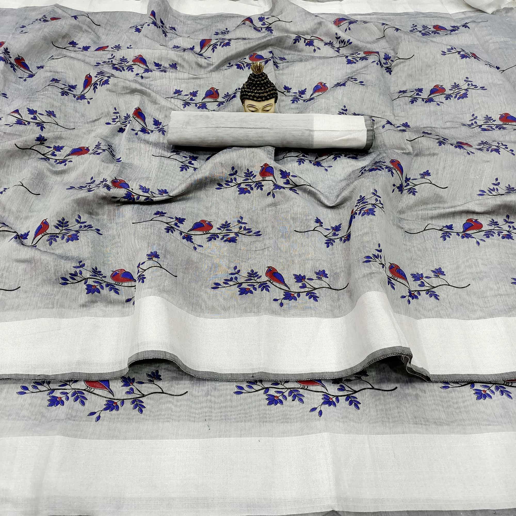 Trendy Grey Colored Casual Wear Block Printed Cotton Linen Saree - Peachmode