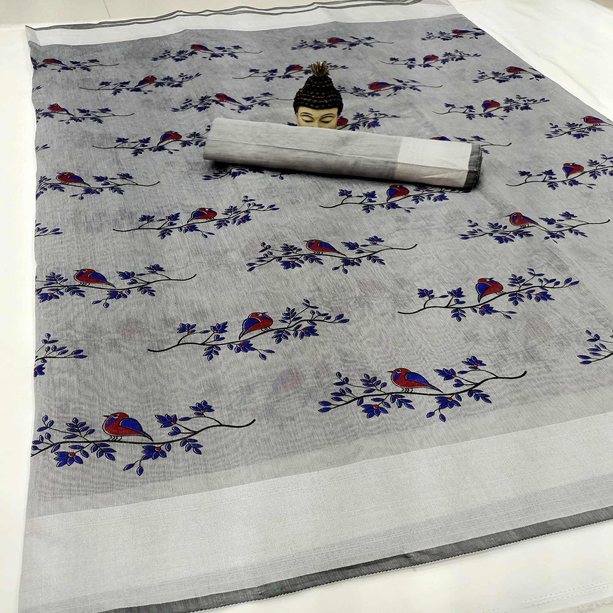 Trendy Grey Colored Casual Wear Block Printed Cotton Linen Saree - Peachmode