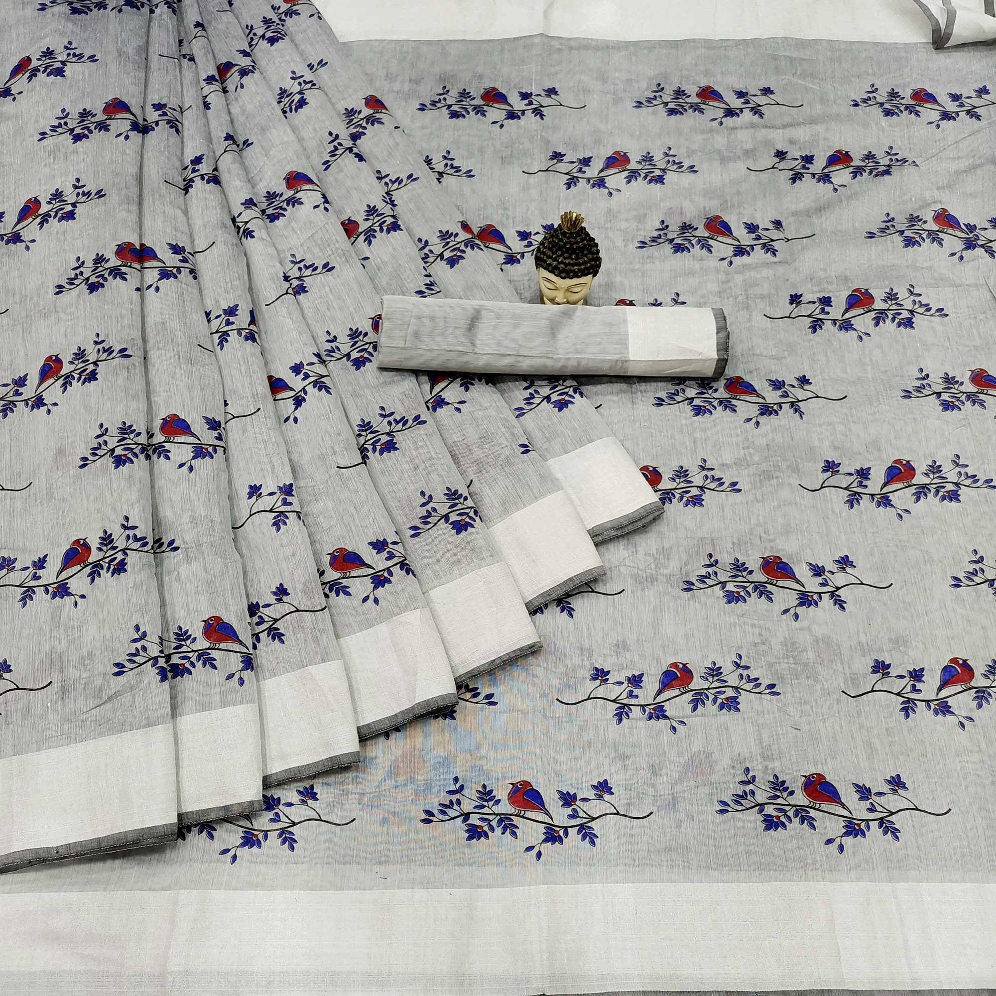 Trendy Grey Colored Casual Wear Block Printed Cotton Linen Saree - Peachmode