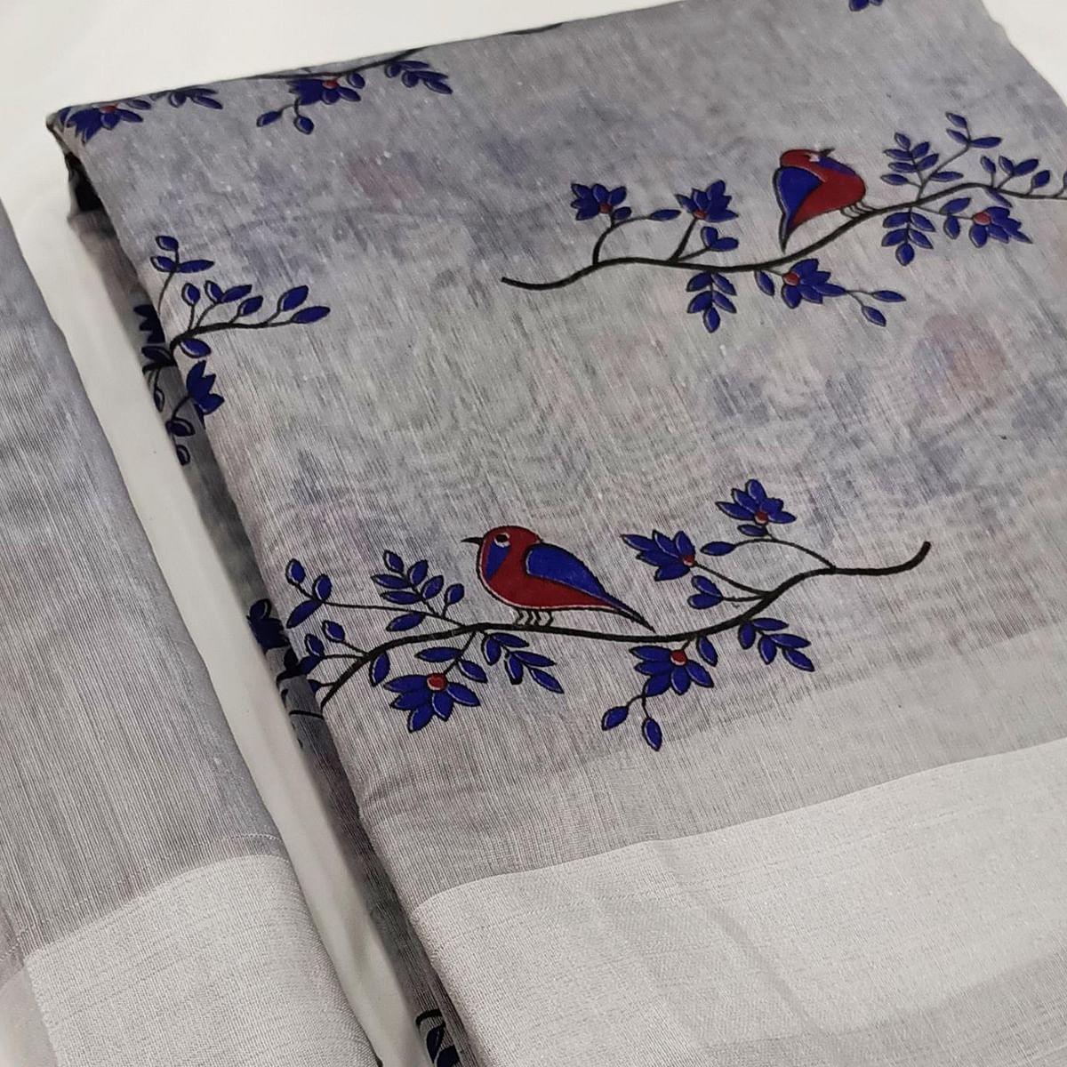 Trendy Grey Colored Casual Wear Block Printed Cotton Linen Saree - Peachmode