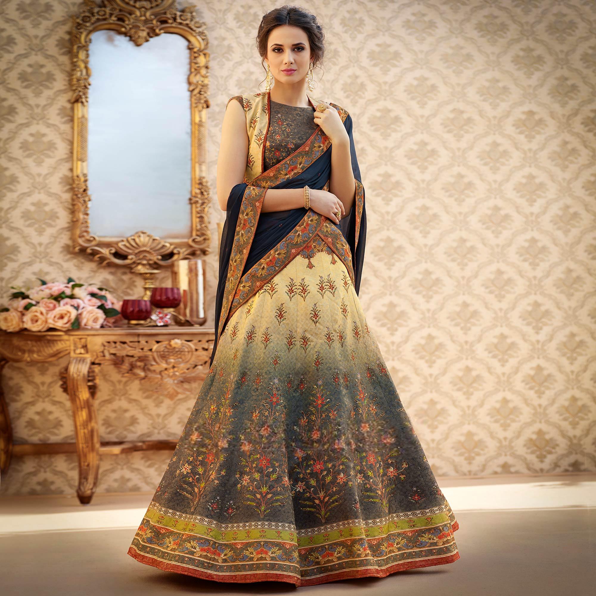 Trendy Grey Colored Designer Partywear Digital Printed Woven Banarasi Silk Lehenga Choli - Peachmode
