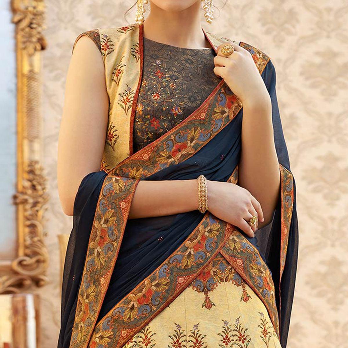 Trendy Grey Colored Designer Partywear Digital Printed Woven Banarasi Silk Lehenga Choli - Peachmode