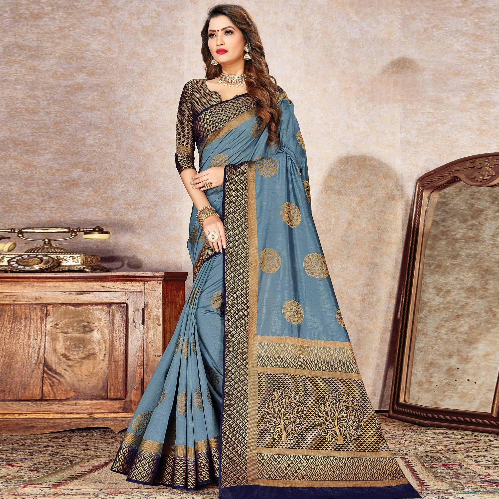 Trendy Grey Colored Festive Wear Woven Cotton Silk Saree - Peachmode
