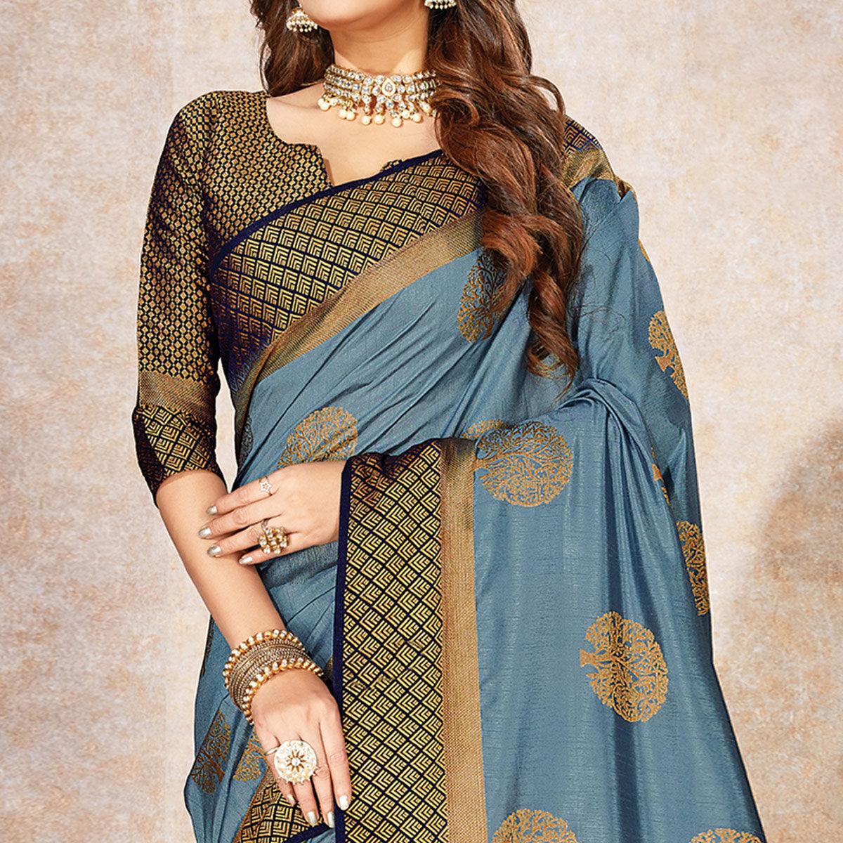 Trendy Grey Colored Festive Wear Woven Cotton Silk Saree - Peachmode