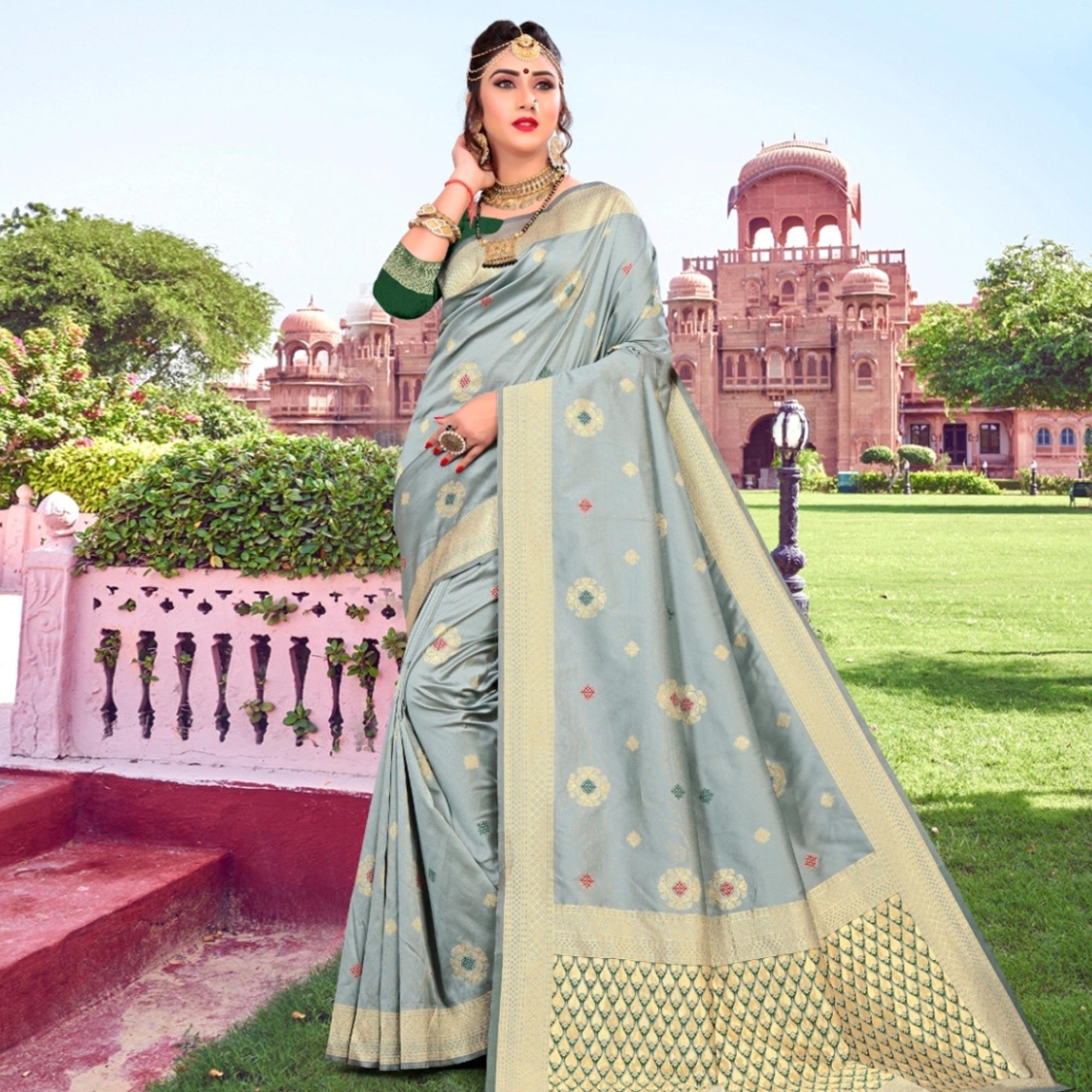 Trendy Grey Colored Festive Wear Woven Lichi Silk Saree - Peachmode