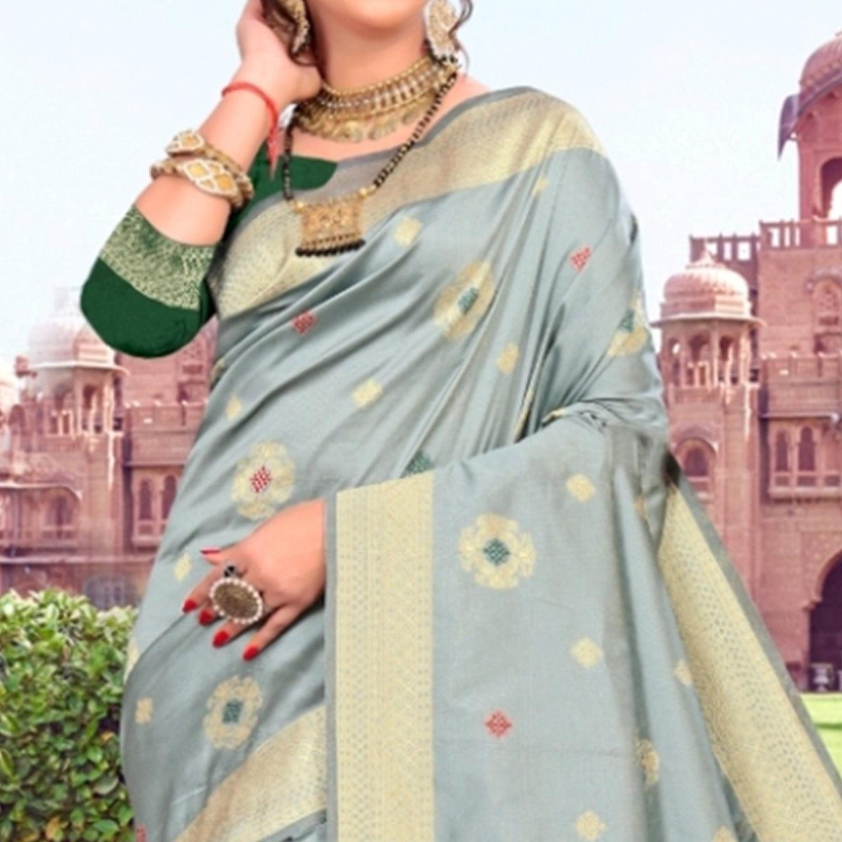 Trendy Grey Colored Festive Wear Woven Lichi Silk Saree - Peachmode
