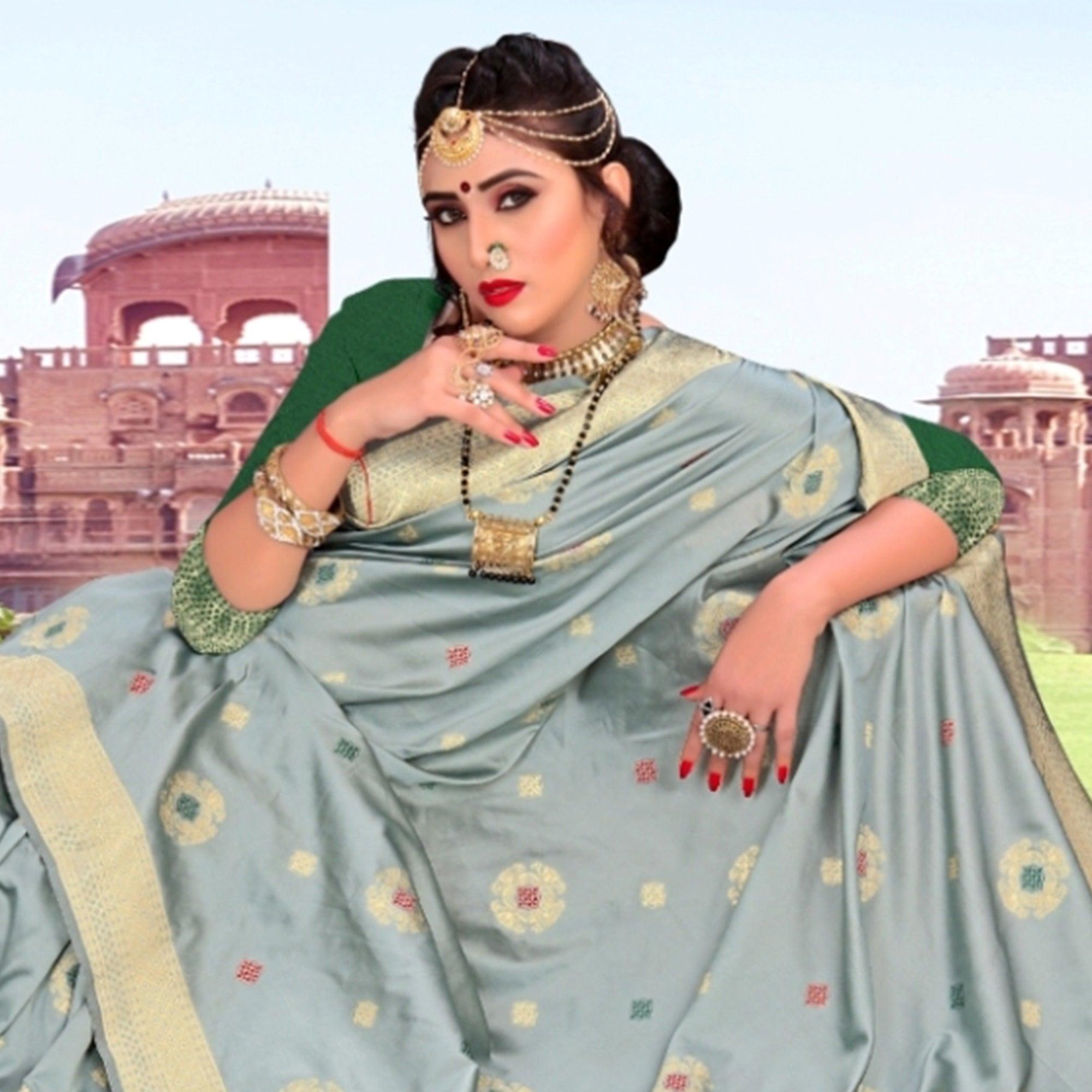Trendy Grey Colored Festive Wear Woven Lichi Silk Saree - Peachmode