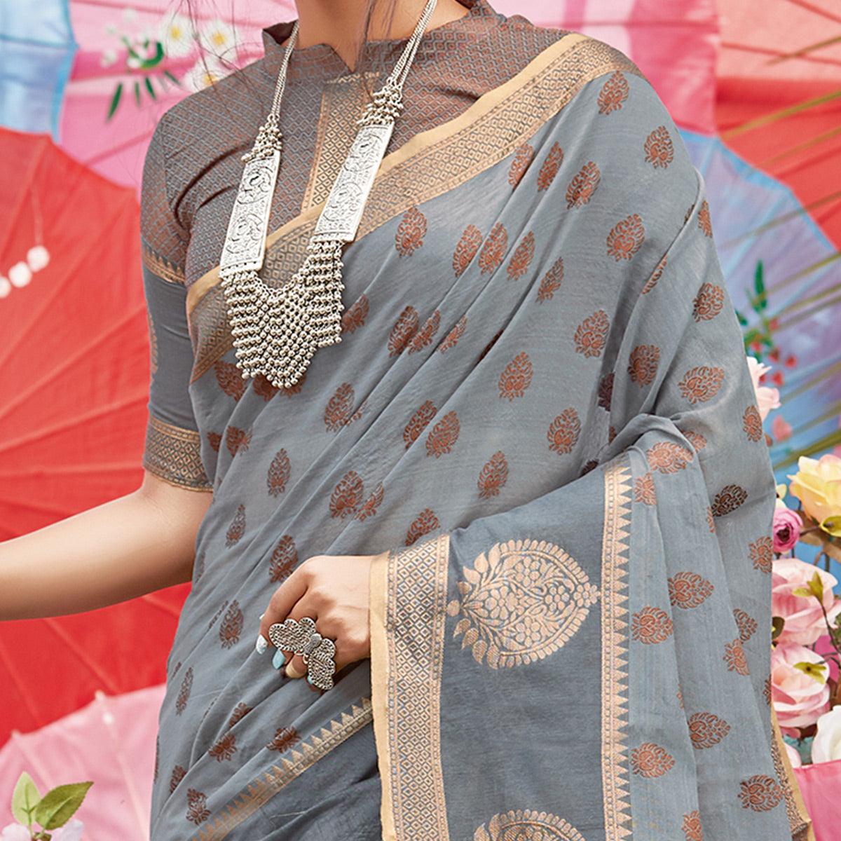 Trendy Grey Coloured Festive Wear Woven Cotton Handloom Saree - Peachmode