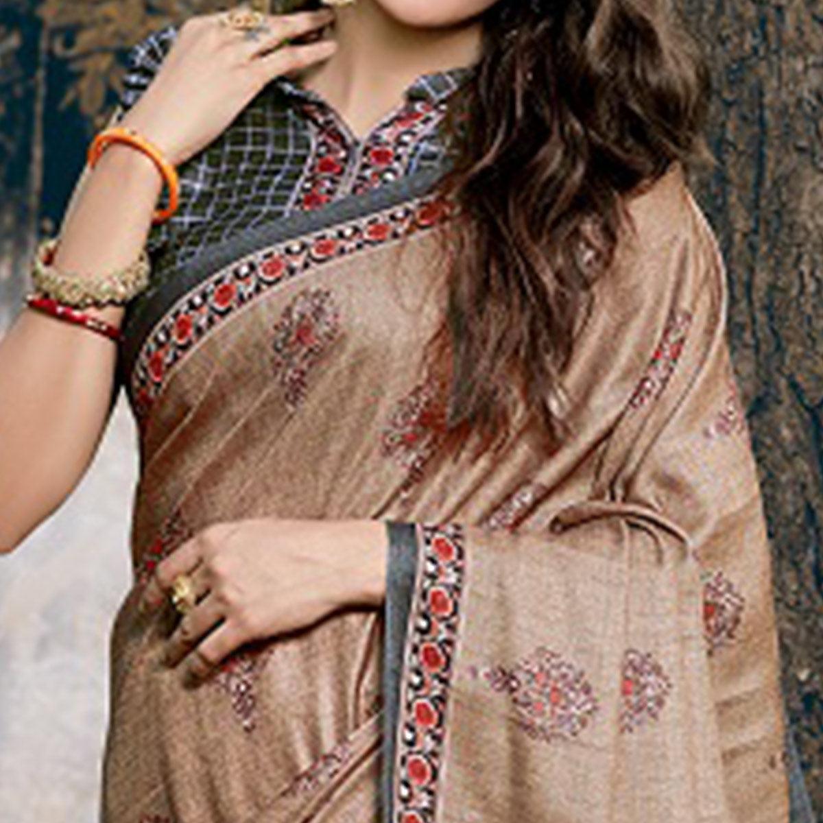 Trendy Light Brown Colored Festive Wear Printed Art Silk Saree - Peachmode