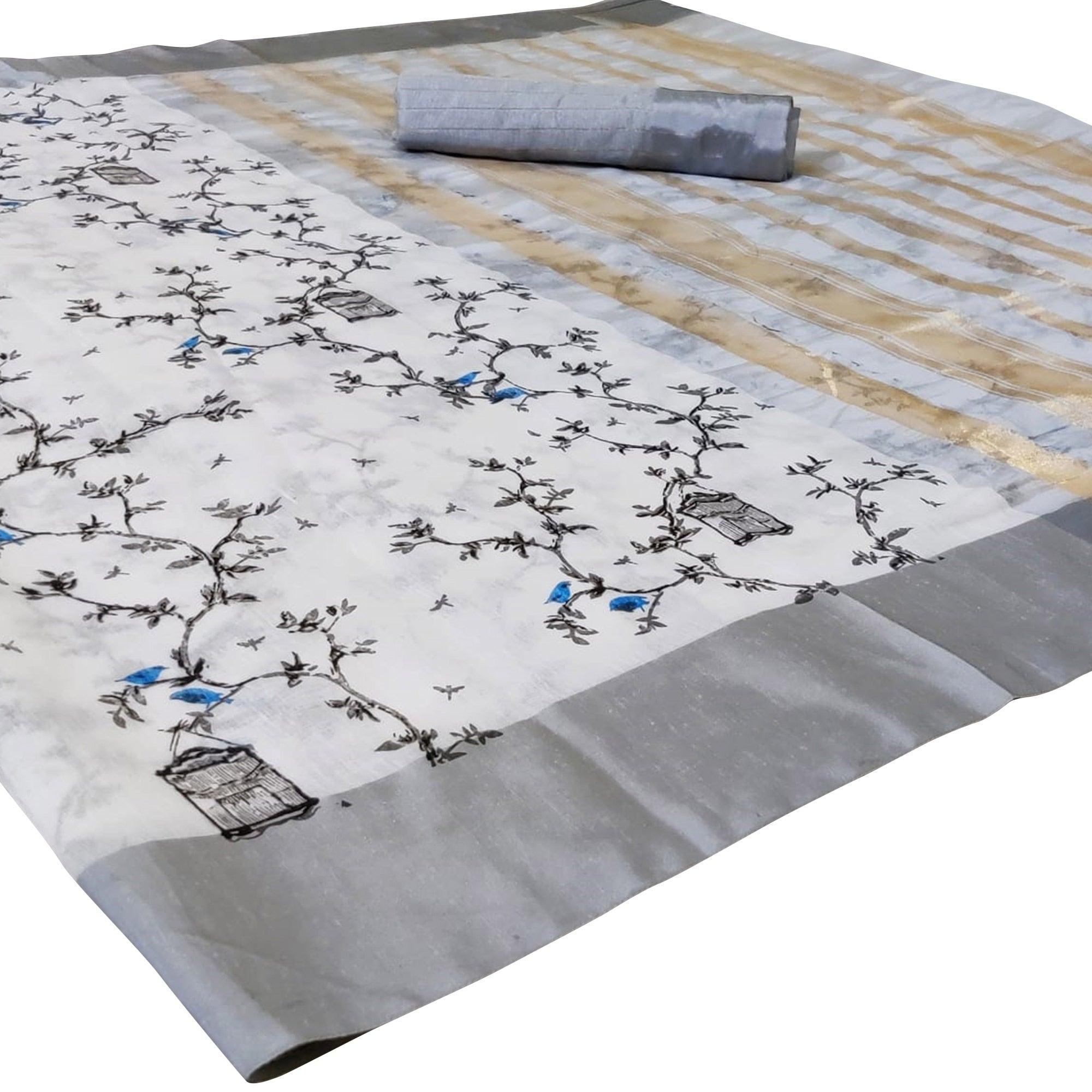 Trendy Light Grey Colored Casual Printed-Woven Linen Saree With Tassels - Peachmode