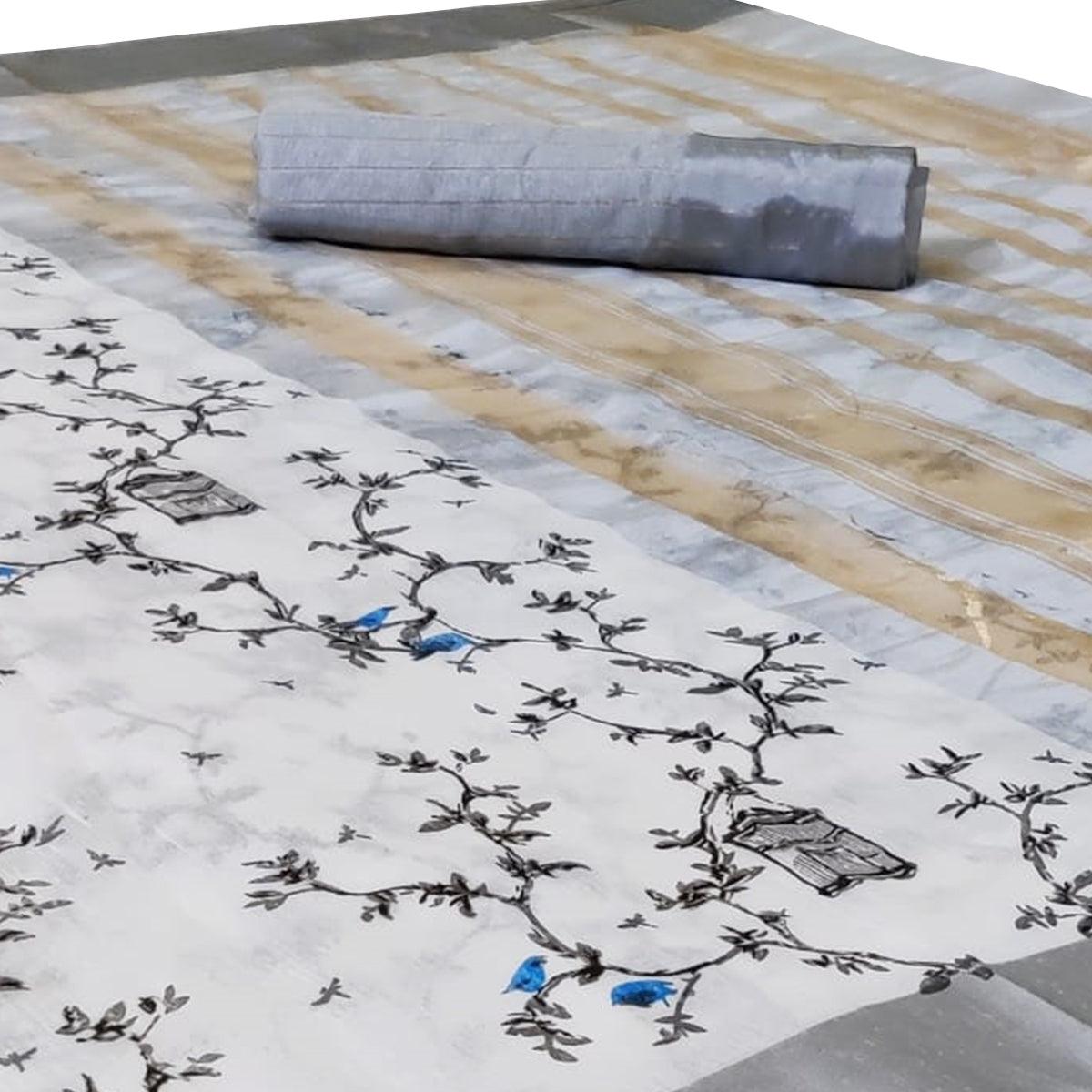 Trendy Light Grey Colored Casual Printed-Woven Linen Saree With Tassels - Peachmode