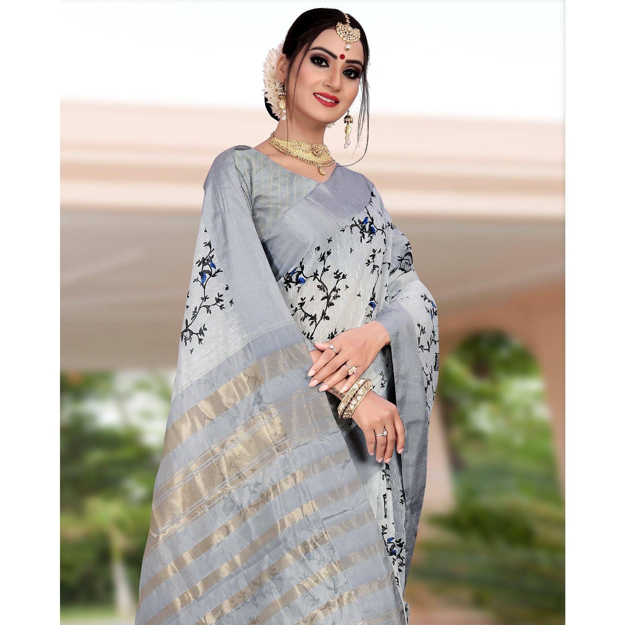 Trendy Light Grey Colored Casual Printed-Woven Linen Saree With Tassels - Peachmode