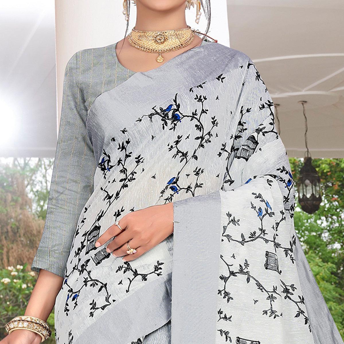 Trendy Light Grey Colored Casual Printed-Woven Linen Saree With Tassels - Peachmode