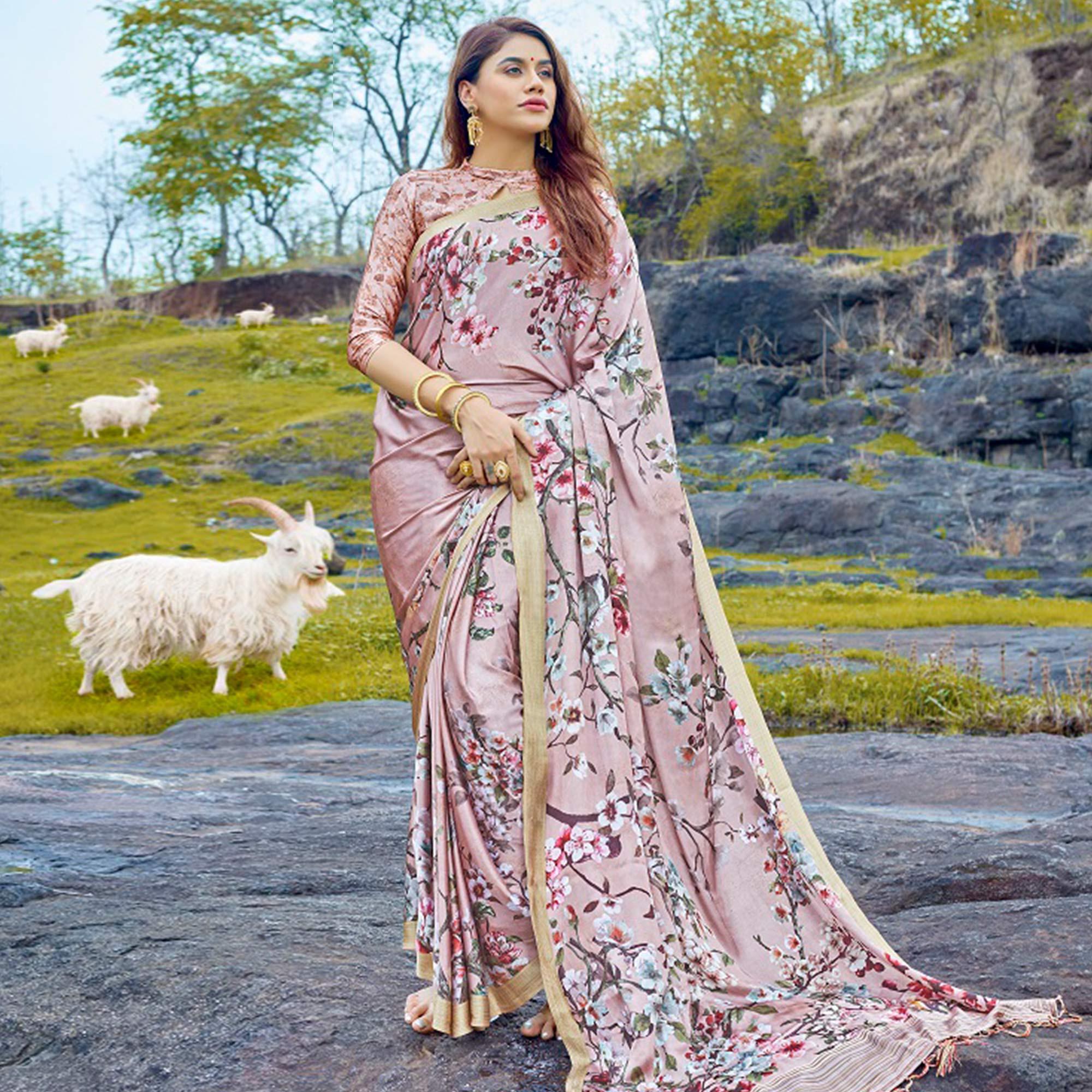 Trendy Light Mauve Colored Casual Digital Printed Satin Crepe Saree - Peachmode