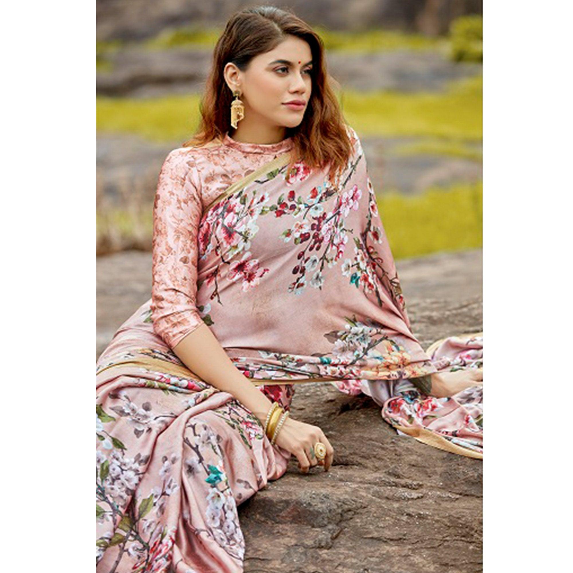 Trendy Light Mauve Colored Casual Digital Printed Satin Crepe Saree - Peachmode