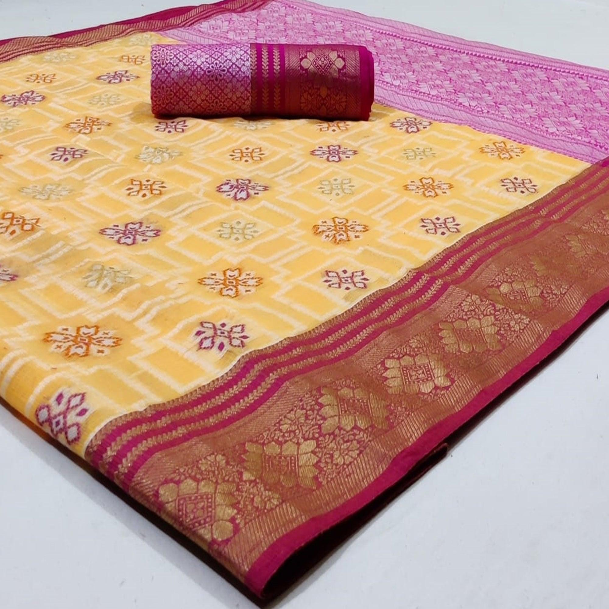 Trendy Light Yellow Colored Festive Wear Woven Kota Silk Saree - Peachmode