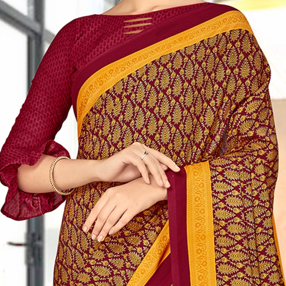 Trendy Maroon & Mustard Coloured Casual Wear Printed Crepe Saree - Peachmode