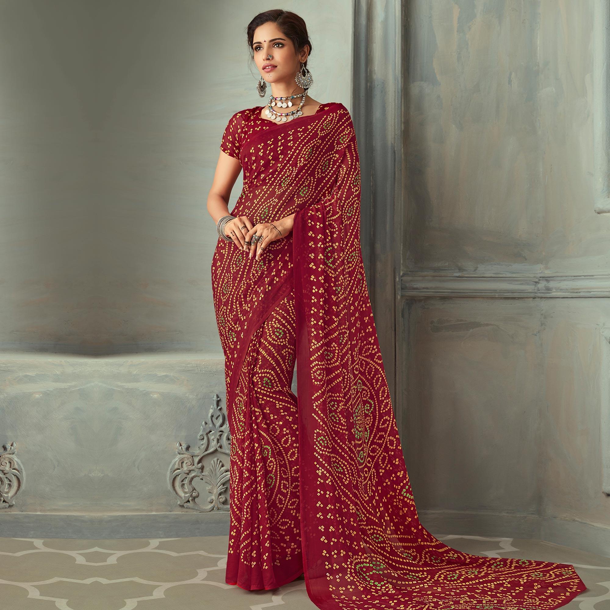 Trendy Maroon Colored Casual Wear Bandhani Printed Chiffon Saree - Peachmode