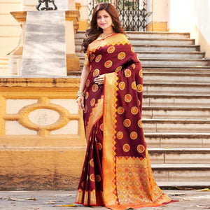 Trendy Maroon Colored Festive Wear Woven Heavy Banarasi Silk Saree - Peachmode