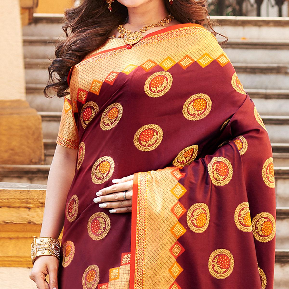 Trendy Maroon Colored Festive Wear Woven Heavy Banarasi Silk Saree - Peachmode