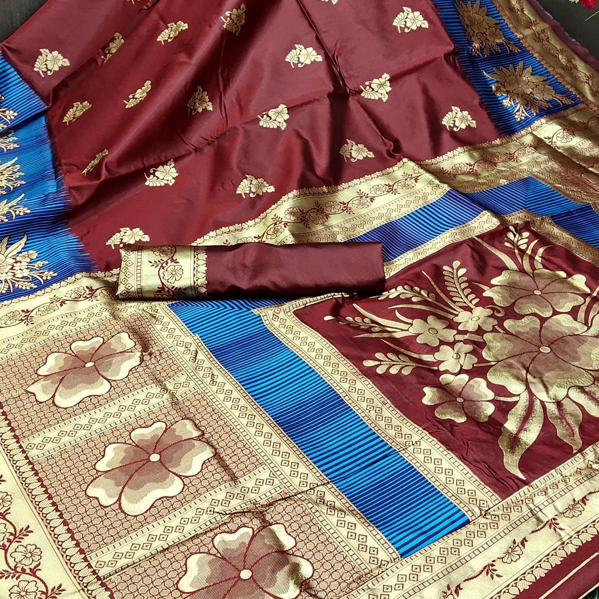 Trendy Maroon Colored Festive Wear Woven Silk Saree - Peachmode