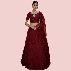 Trendy Maroon Colored Party Wear Embroidered Net Lehenga Choli - Peachmode