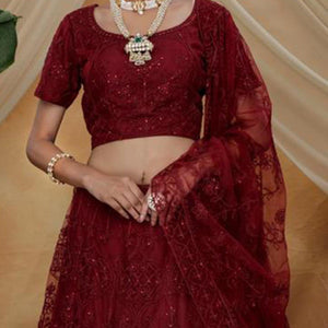 Trendy Maroon Colored Party Wear Embroidered Net Lehenga Choli - Peachmode