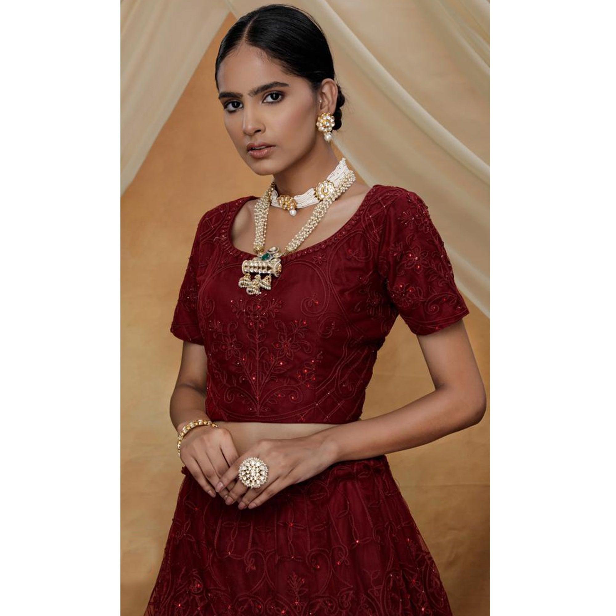 Trendy Maroon Colored Party Wear Embroidered Net Lehenga Choli - Peachmode