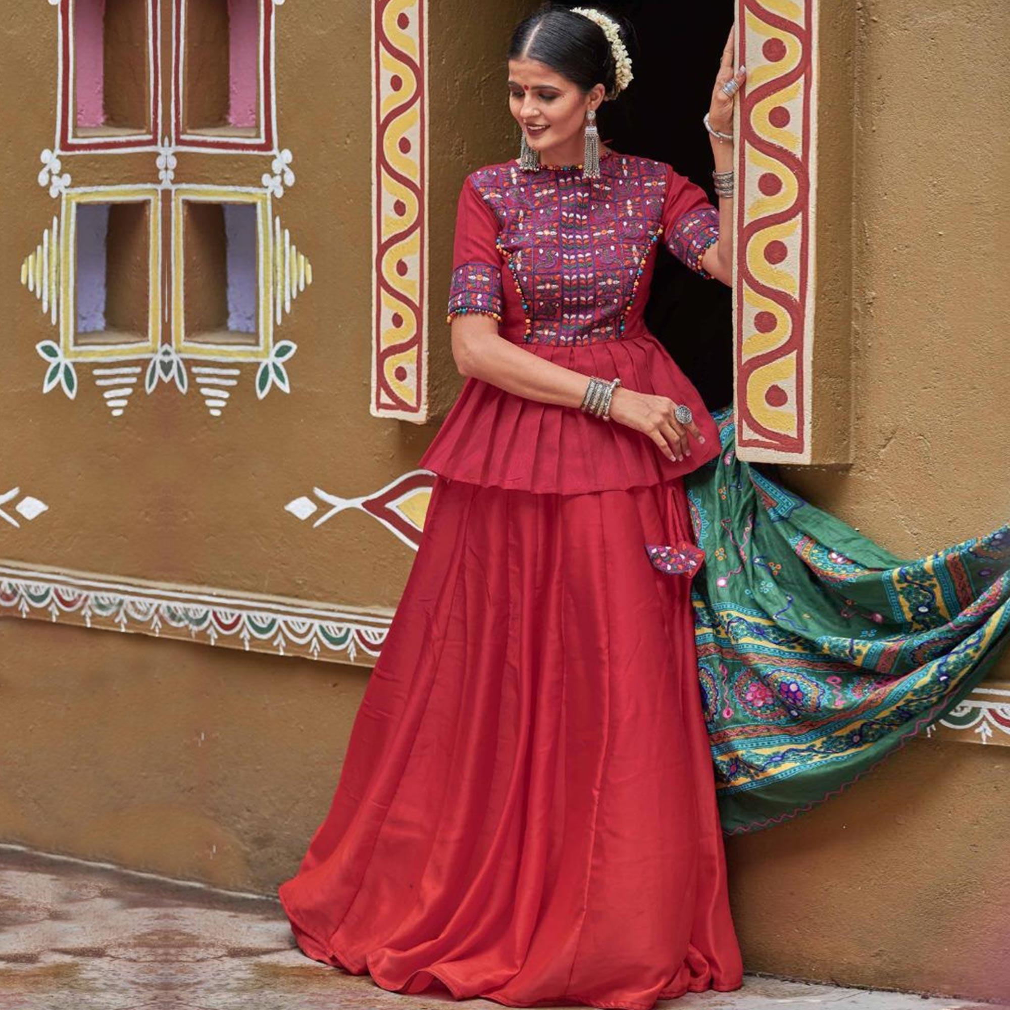 Trendy Maroon Colored Party Wear Embroidered Silk Navratri Lehenga Choli - Peachmode