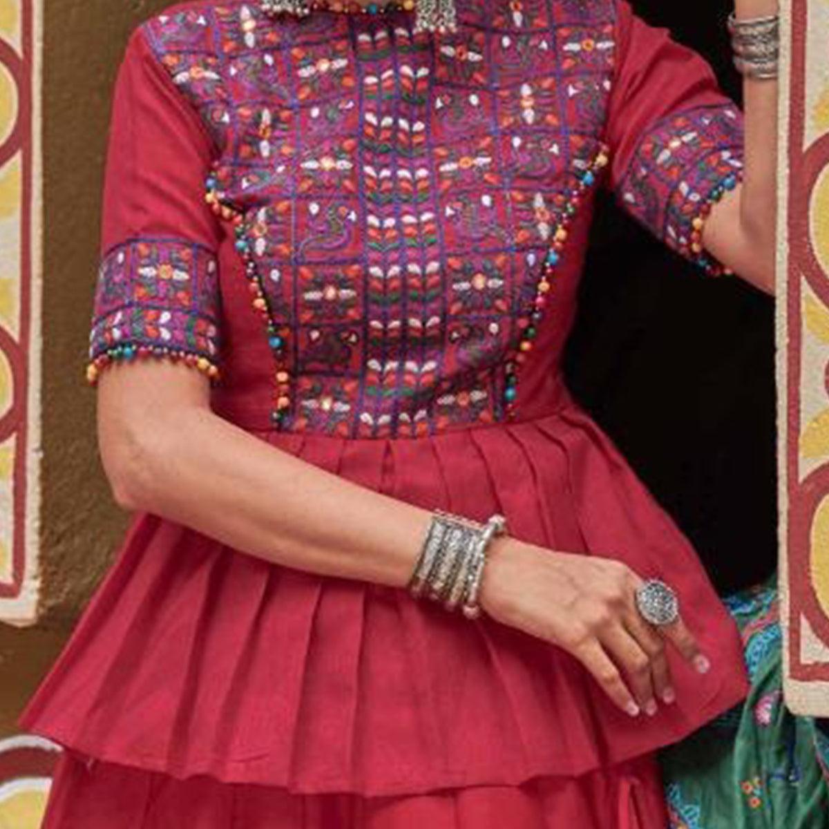 Trendy Maroon Colored Party Wear Embroidered Silk Navratri Lehenga Choli - Peachmode
