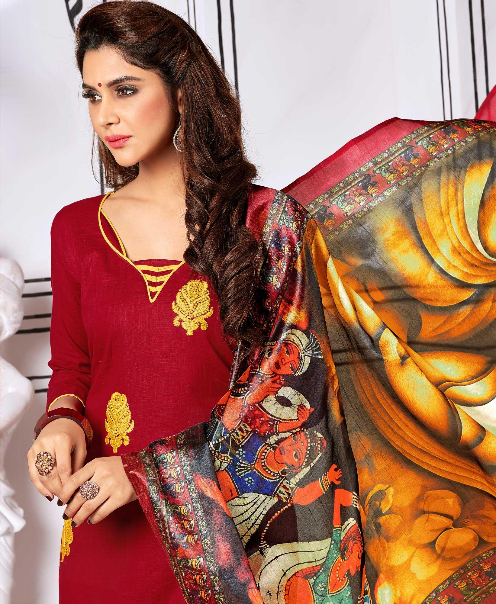 Trendy Maroon Colored Partywear Embroidered Cotton Suit - Peachmode
