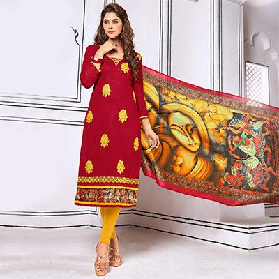 Trendy Maroon Colored Partywear Embroidered Cotton Suit - Peachmode