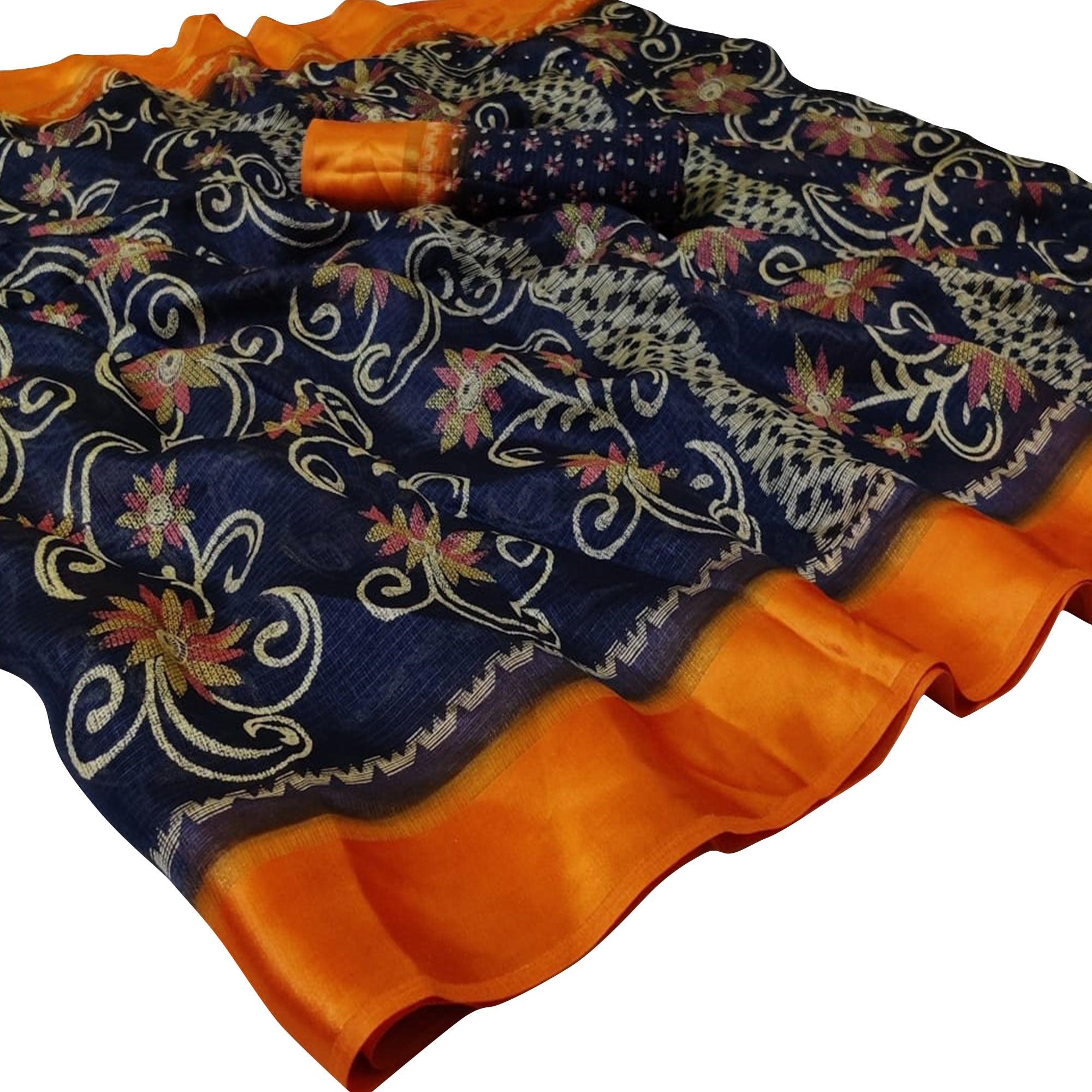 Trendy Navy Blue Colored Casual Wear Printed Silk Saree - Peachmode