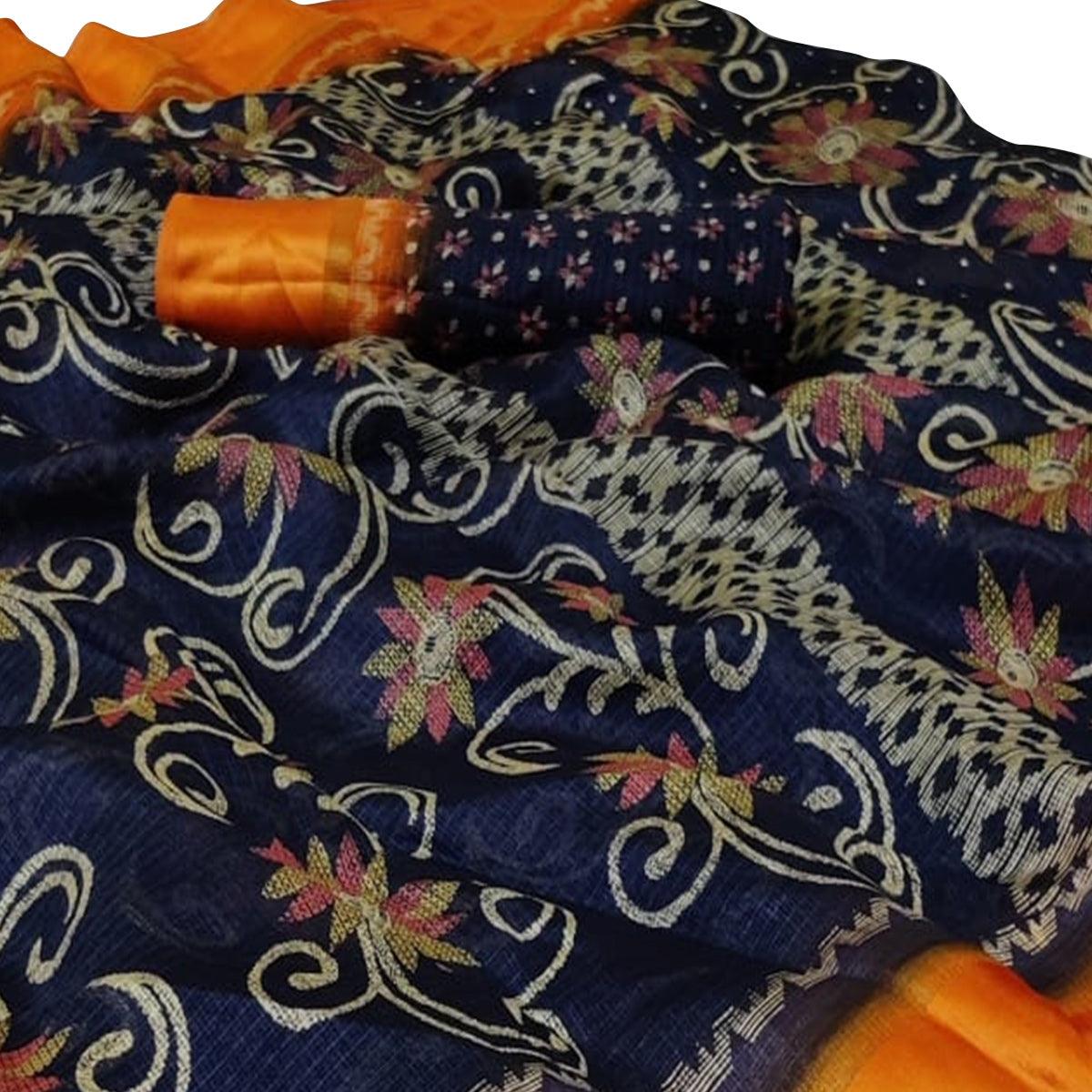 Trendy Navy Blue Colored Casual Wear Printed Silk Saree - Peachmode